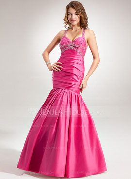 Mermaid Halter Floor-Length Taffeta Prom Dress With Ruffle Beading (018002521)
