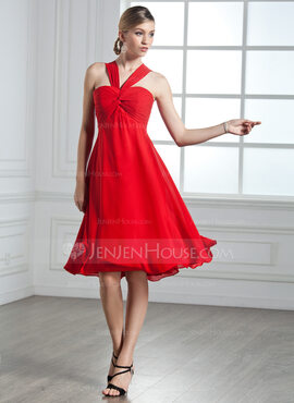 Império Decote V Na altura do joelho Chiffon Vestido de cocktail com Pregueado (016002435)