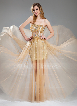 A-Line/Princess Sweetheart Floor-Length Tulle Sequined Prom Dress With Beading (018018902)
