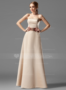 A-Line/Princess Strapless Floor-Length Satin Bridesmaid Dress With Sash (007004115)