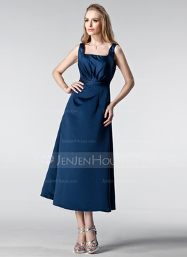 Vestidos princesa/ Formato A Decote quadrado Comprimento de chá cetim Vestido de madrinha com Pregueado (007005178)