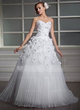 Ball-Gown Sweetheart Floor-Length Organza Satin Wedding Dress With Lace Beadwork Flower(s) (002006700)