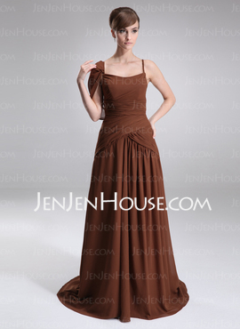 A-Line/Princess Scoop Neck Chapel Train Chiffon Charmeuse Oscar Style Dresses With Ruffle (028005025)