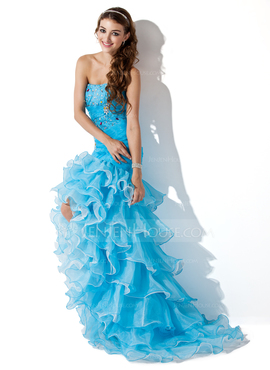 Mermaid Sweetheart Asymmetrical Organza Satin Prom Dress With Ruffle Beading (018005086)