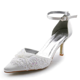 Lace Satin Stiletto Heel Closed Toe Pumps Wedding Shoes With Buckle Stitching Lace (047005036)