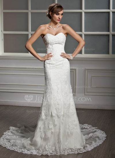 Mermaid Sweetheart Chapel Train Satin Tulle Wedding Dress With Lace (002012605)