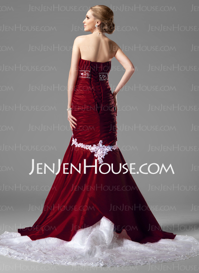 Mermaid Sweetheart Chapel Train Taffeta Lace Wedding Dress With Ruffle Beadwork (002000478)