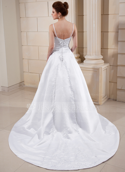A-Line/Princess Court Train Satin Wedding Dress With Embroidery Beadwork (002006372)