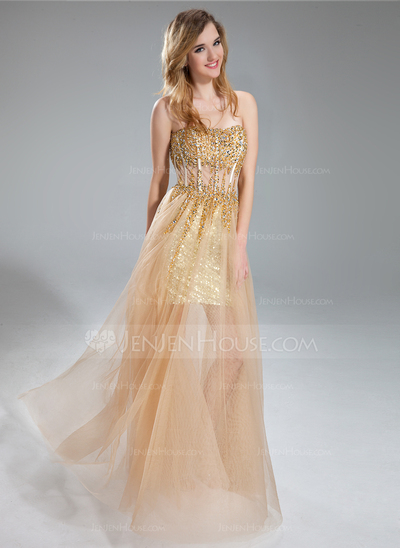A-Line/Princess Sweetheart Floor-Length Tulle Sequined Prom Dress With Beading (018018902)