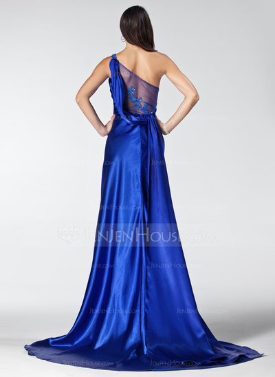 A-Line/Princess One-Shoulder Court Train Tulle Charmeuse Evening Dress With Ruffle Lace Beading (017005207)