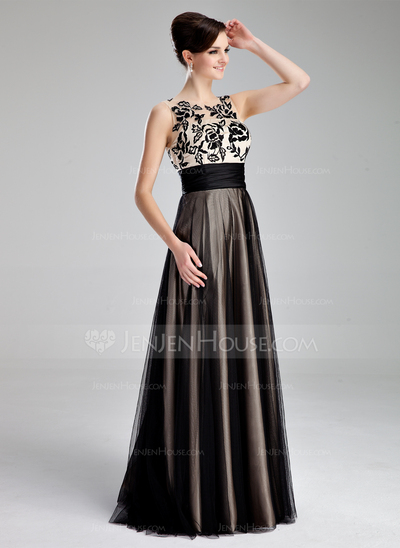 A-Line/Princess Scoop Neck Floor-Length Tulle Prom Dress With Ruffle Lace (018019083)