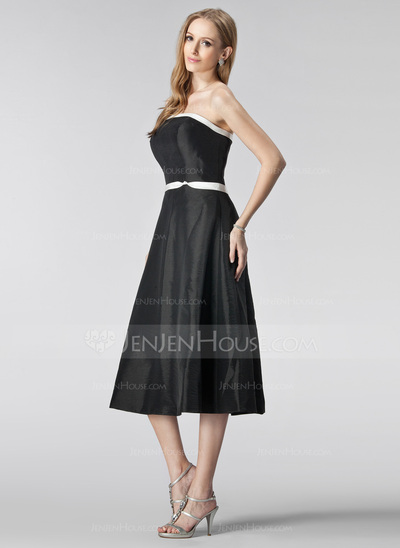 A-Line/Princess Strapless Tea-Length Taffeta Bridesmaid Dress With Sash (007001068)