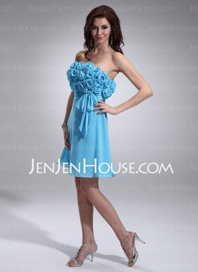 Empire Strapless Short/Mini Chiffon Charmeuse Homecoming Dress With Ruffle Flower(s) (022008131)