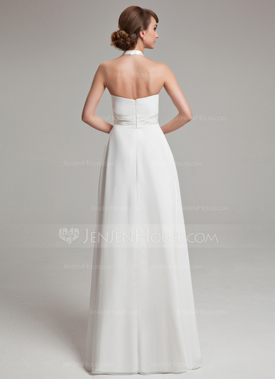 Keizer Halter Vloerlengte Chiffon Satijnzijde Bruidsjurken met Roes (002011992)
