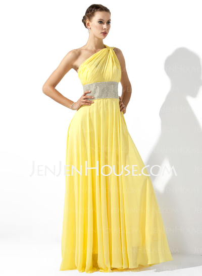 Impero Monospalla Al pavimento Chiffon Abiti feste con Increspature Perline (018020583)