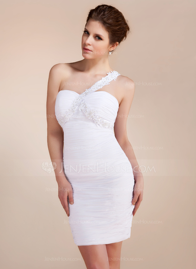 Sheath One-Shoulder Short/Mini Chiffon Cocktail Dress With Ruffle Lace Beading (016020742)