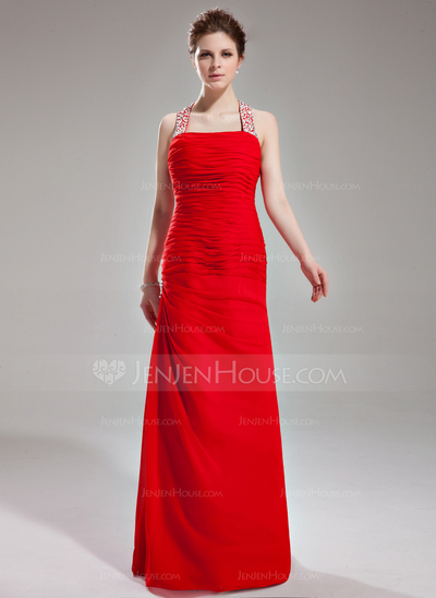 Tubo Frente única Vestidos longo Chifon Vestido de festa com Pregueado Beading Sequins (017002264)