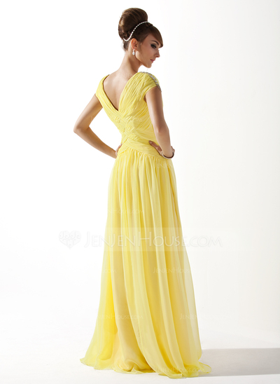 Vestidos princesa/ Formato A Decote V Vestidos longo Tecido de seda Vestidos de baile com Pregueado Bordado (018005580)