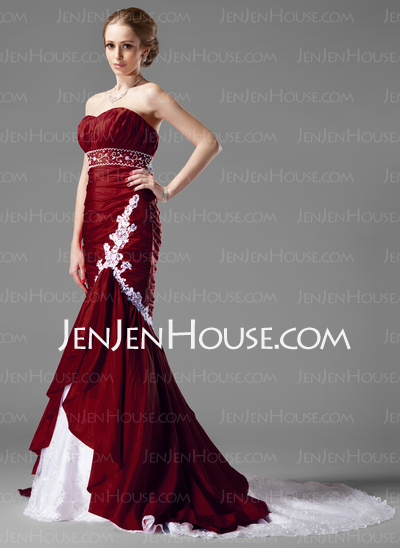 Mermaid Sweetheart Chapel Train Taffeta Lace Wedding Dress With Ruffle Beadwork (002000478)