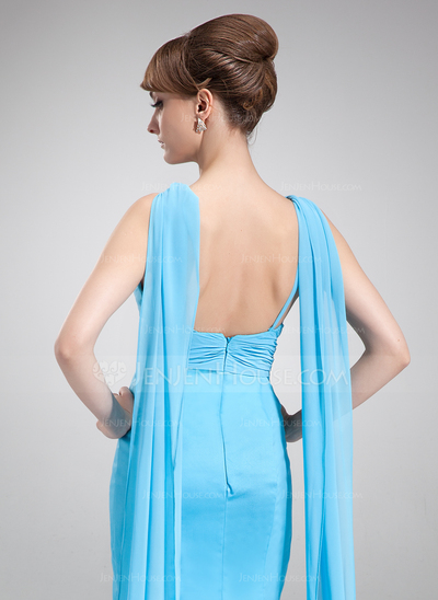 Stile sirena Scollatura a V Coda a strascico Watteau Chiffon raso Abito da damigella con Increspature (007004266)