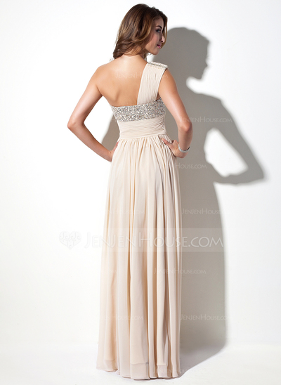 A-Line/Princess One-Shoulder Floor-Length Chiffon Lace Holiday Dress With Ruffle Beading (020016076)
