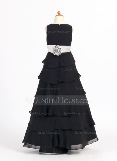 A-Line/Princess Scoop Neck Floor-Length Chiffon Charmeuse Flower Girl Dress With Sash Flower(s) (010002146)