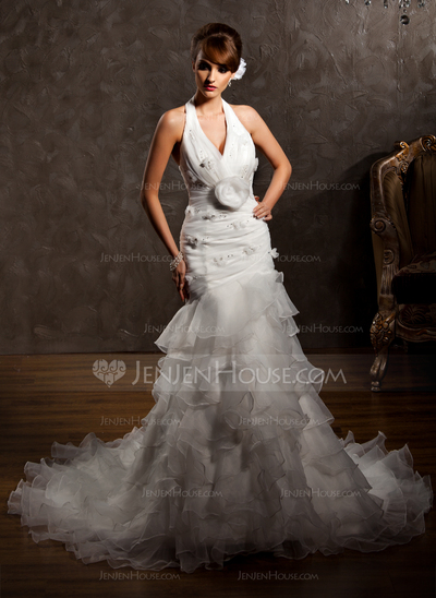 Mermaid Halter Chapel Train Organza Wedding Dress With Ruffle Beadwork Flower(s) (002012775)