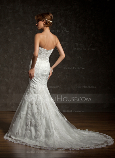 Mermaid Strapless Chapel Train Satin Tulle Wedding Dress With Lace Beadwork (002000634)