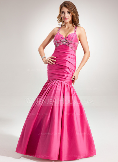 Mermaid Halter Floor-Length Taffeta Prom Dress With Ruffle Beading (018002521)