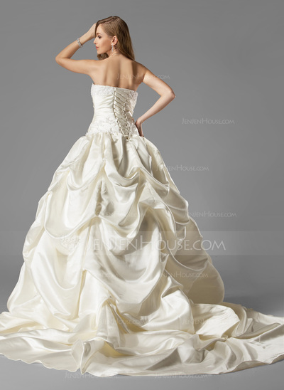 De baile Coração Cauda corte Cetim Vestidos de noiva com Pregueado Renda (002000451)