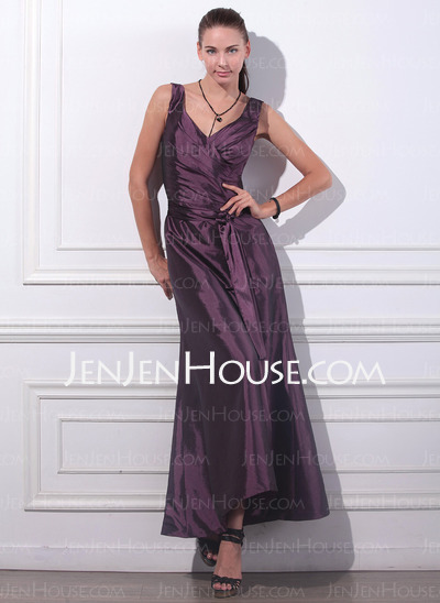 Vestidos princesa/ Formato A Decote V Na altura do tornozelo Tafetá Vestido de festa com Pregueado (017012861)