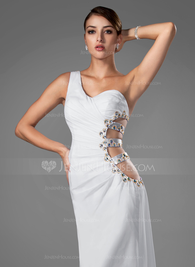 Mermaid One-Shoulder Sweep Train Chiffon Evening Dress With Ruffle Beading (017004345)