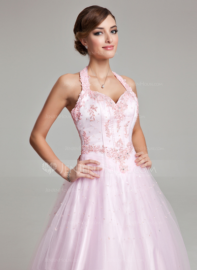 Ball-Gown Halter Floor-Length Tulle Quinceanera Dress With Lace Beading (021020615)