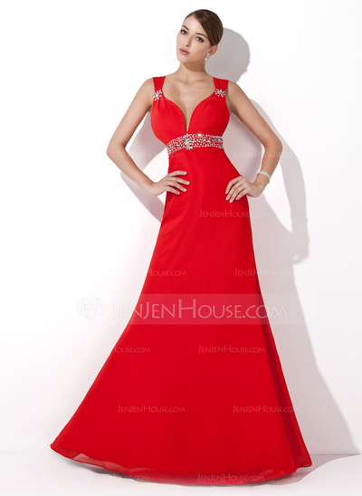 A-Line/Princess Sweetheart Floor-Length Chiffon Evening Dress With Ruffle Beading Sequins (017004434)