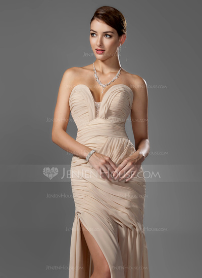 Sheath Sweetheart Sweep Train Chiffon Prom Dress With Ruffle Beading (018005251)