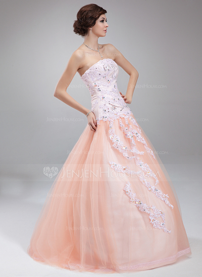 Ball-Gown Strapless Floor-Length Satin Tulle Quinceanera Dress With Lace Beading Sequins (021020824)