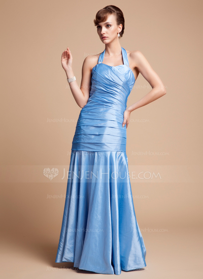 Sereia Frente única Vestidos longo Tafetá Vestido de madrinha com Pregueado (007004567)