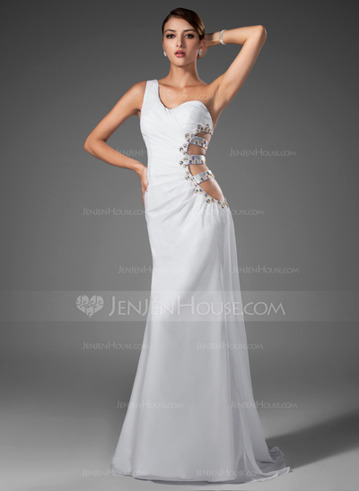 Mermaid One-Shoulder Sweep Train Chiffon Evening Dress With Ruffle Beading (017004345)
