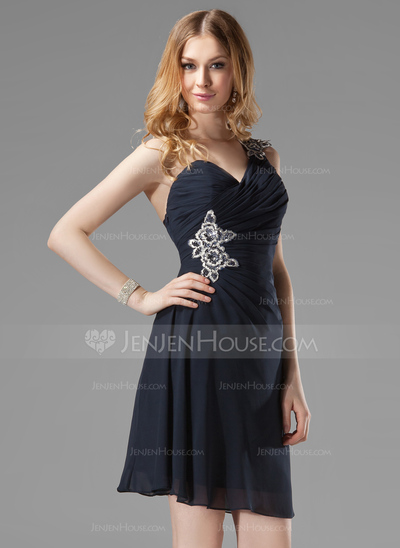 Sheath One-Shoulder Short/Mini Chiffon Cocktail Dress With Ruffle Beading Appliques Sequins (016003019)