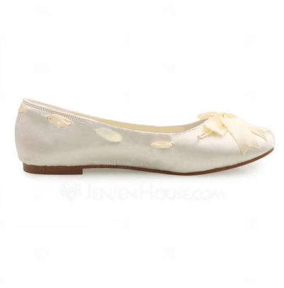 Satin Flat Heel Closed Toe Flats Wedding Shoes With Bowknot Ribbon Tie (047005458)