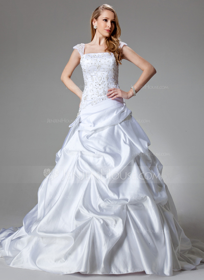 A-Line/Principessa Coda a strascico corto Raso Abiti per matrimonio con Ricamo A paillette (002000436)