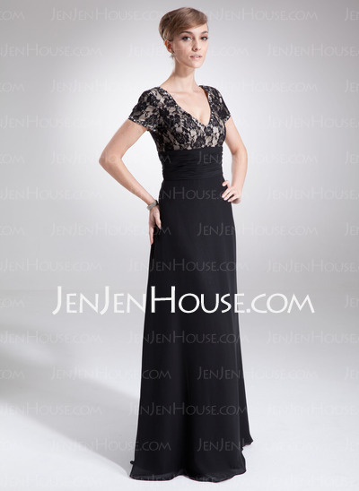 A-Line/Princess V-neck Floor-Length Chiffon Charmeuse Lace Mother of the Bride Dress With Ruffle Beading (008005673)