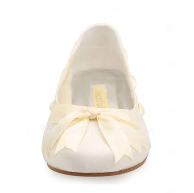 Satin Flat Heel Closed Toe Flats Wedding Shoes With Bowknot Ribbon Tie (047005458)