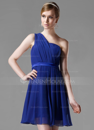 A-Line/Princess One-Shoulder Short/Mini Chiffon Charmeuse Bridesmaid Dress With Ruffle (007000777)