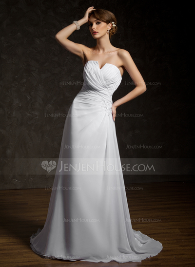 A-Line/Princess V-neck Chapel Train Chiffon Wedding Dress With Ruffle Lace Beadwork (002011408)