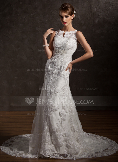 Mermaid Scoop Neck Chapel Train Satin Lace Wedding Dress With Lace Beadwork (002004770)