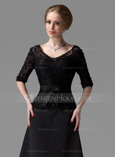 A-Line/Princess V-neck Floor-Length Satin Mother of the Bride Dress With Lace Beading (008002216)