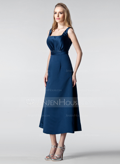 Vestidos princesa/ Formato A Decote quadrado Comprimento de chá cetim Vestido de madrinha com Pregueado (007005178)