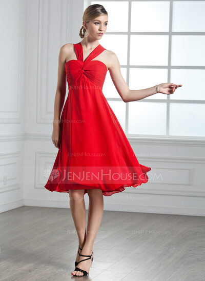 Império Decote V Na altura do joelho Chiffon Vestido de cocktail com Pregueado (016002435)