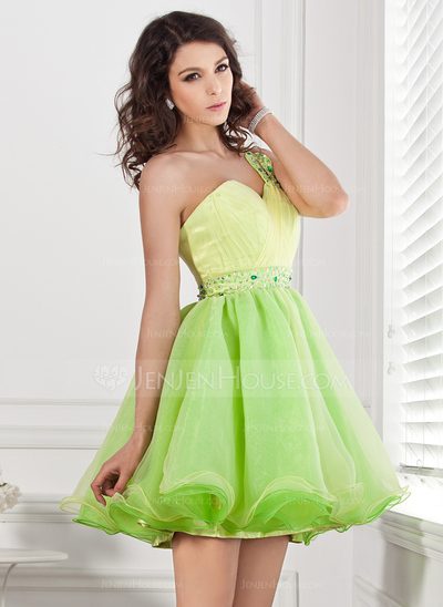 Vestidos princesa/ Formato A Um ombro Curto/ Mini Organza Vestidos de boas vindas com Pregueado Bordado (022020894)